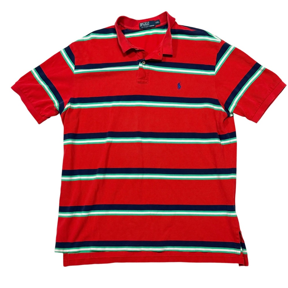 Vtg Polo Ralph Lauren Mens XXL Red Striped Short Sleeve Polo Shirt Blue Pony